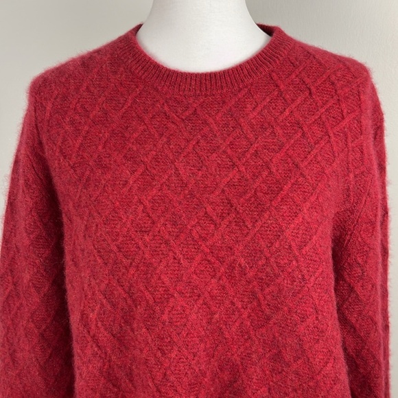 Red 100% Cashmere Diamond Cable Knit Sweater Sz L Holiday Fuzzy Preppy Shrunk - Picture 3 of 11